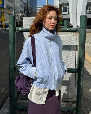 High-neck striped pattern blouson