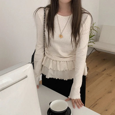 (2 colors) Polka Dot Frill T-shirt