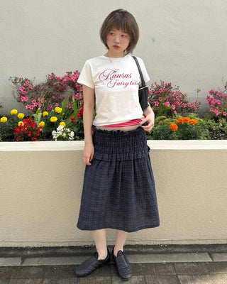 Waist-gathered check midi skirt