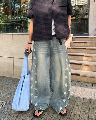 Star print balloon denim pants