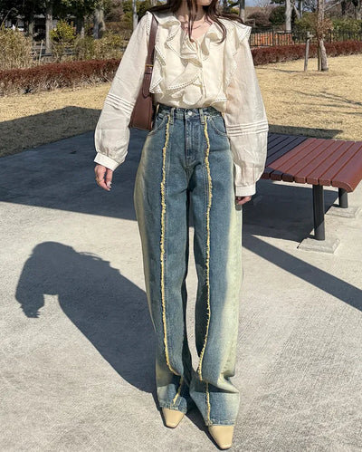 Fringe detail denim pants