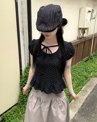 Two-tone polka dot frill puff sleeve T-shirt