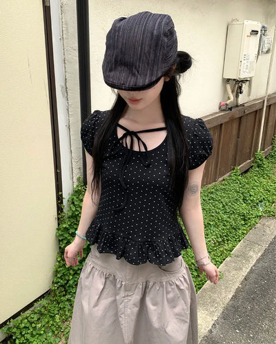 Two-tone polka dot frill puff sleeve T-shirt
