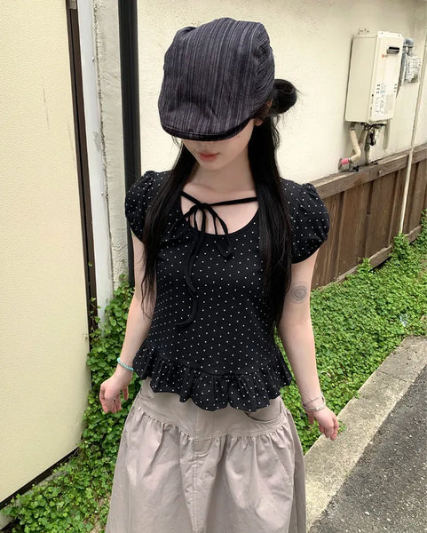 Two-tone polka dot frill puff sleeve T-shirt
