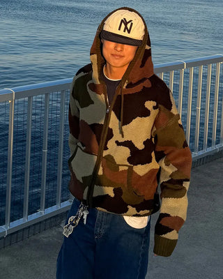 Camouflage knit hooded zip-up