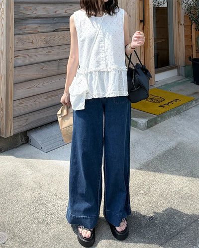 Pocket Two-Button Wide Denim Pants