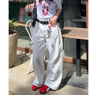 Back embroidered wide cotton pants