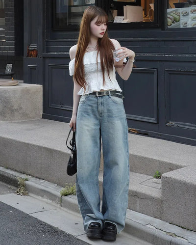 Washed wide-leg denim pants