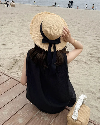 Ribbon Strap Rattan Fedora Hat