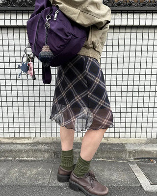 Checked scalloped hem chiffon skirt