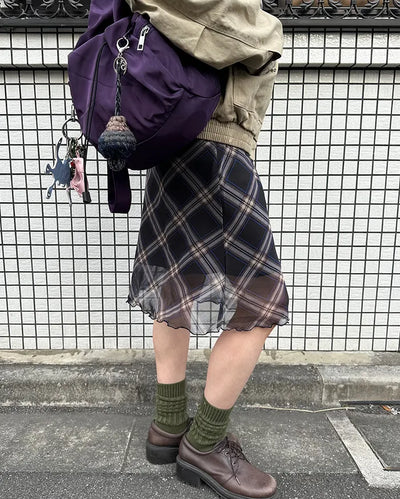 Checked scalloped hem chiffon skirt