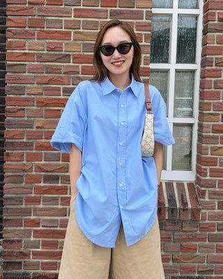(Unisex) Oxford Overfit Half Sleeve Shirt