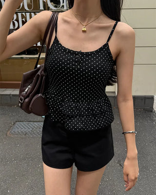 Cup-attached polka dot ruffle lace camisole