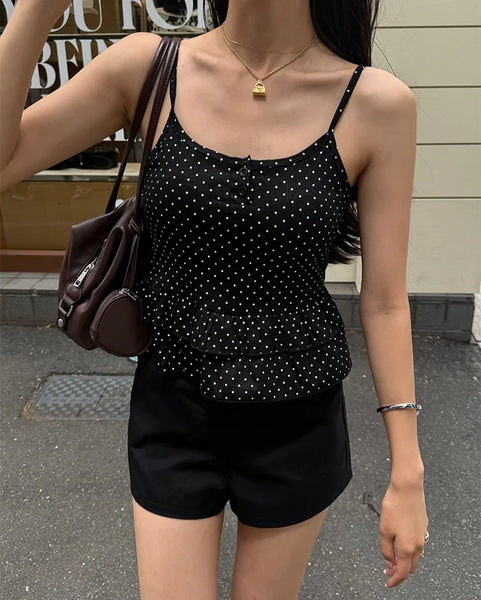 Cup-attached polka dot ruffle lace camisole