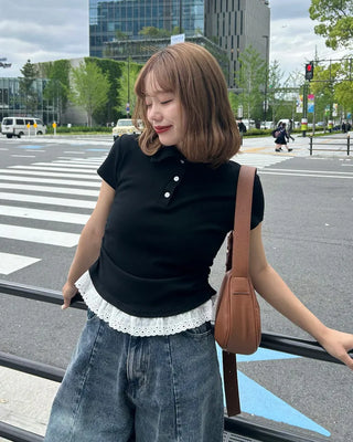 Color neck lace detail short-sleeved T-shirt