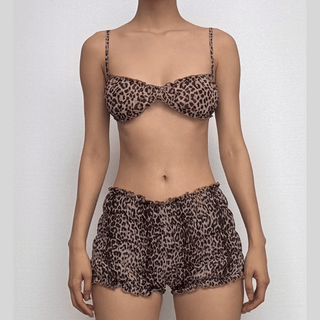 Leopard print ruffle ruched crop chiffon cami pant set