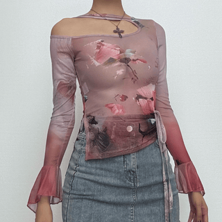 Long flared sleeve sheer mesh print top