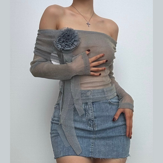 Long sleeve off shoulder flower applique glitter top