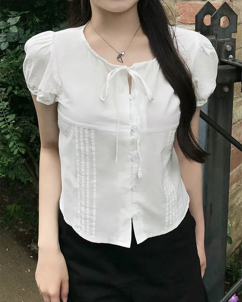 Pintuck puff sleeve ribbon tie blouse