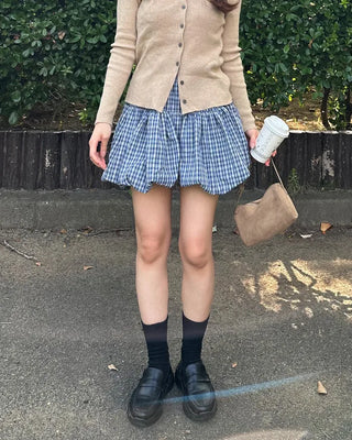 Belted check balloon mini skirt