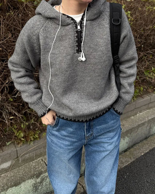 Two-tone knit half-zip hoodie