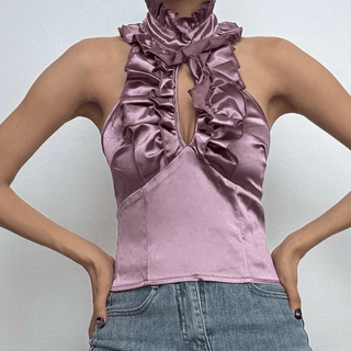 Halter ruffle ruched satin backless top