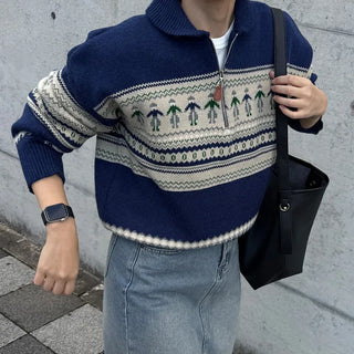 Patterned Half-Zip Knit Sweater