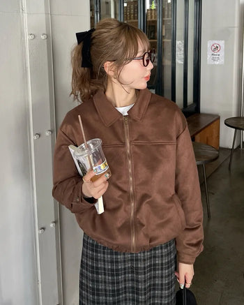 Elastic waistband colored suede jacket