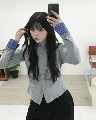 Checkered shirt layered gathered cardigan