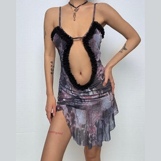 Double layered mesh ruffle hollow out cami cut out mini dress