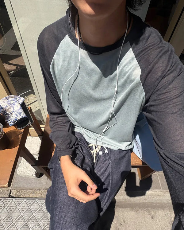 Summer knit raglan bicolor long-sleeve T-shirt