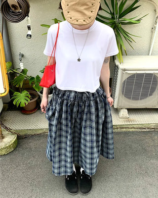 Checked pocket banded long skirt