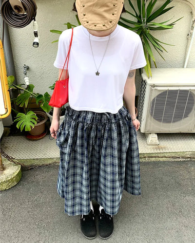 Checked pocket banded long skirt