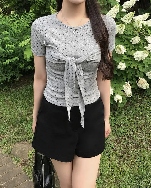 Polka Dot Ribbon Tie Short Sleeve Shirt