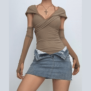 Hoodie gloves sheer mesh top