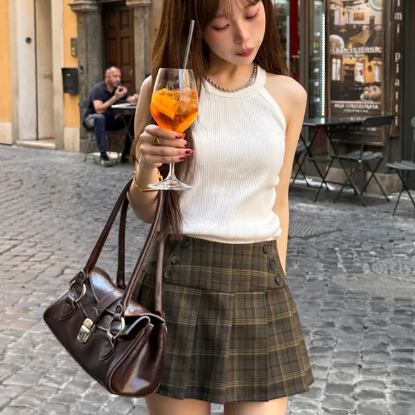 Checkered button pleated mini skirt