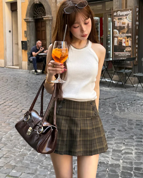 Checkered button pleated mini skirt