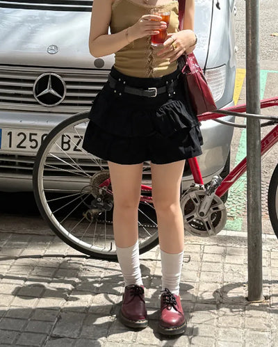 (With belt) Studded ruffle mini skirt