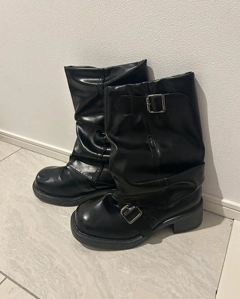 Buckle Point Leather Mid-Calf Boots
