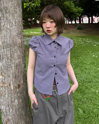 Puff-sleeve checkered blouse