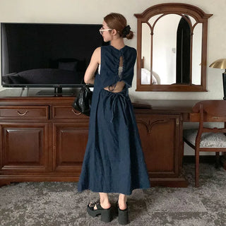 Back Shirred Open Denim Dress