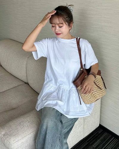 Frilled hem short-sleeve T-shirt