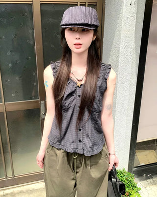 Lace shoulder shirred sleeveless blouse