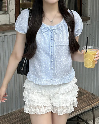 Puff sleeve lace detail blouse