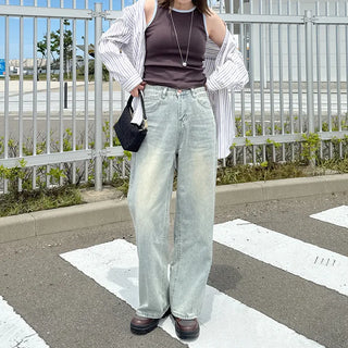 Washed wide denim pants