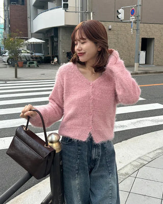 V-neck loose-fit shaggy knit