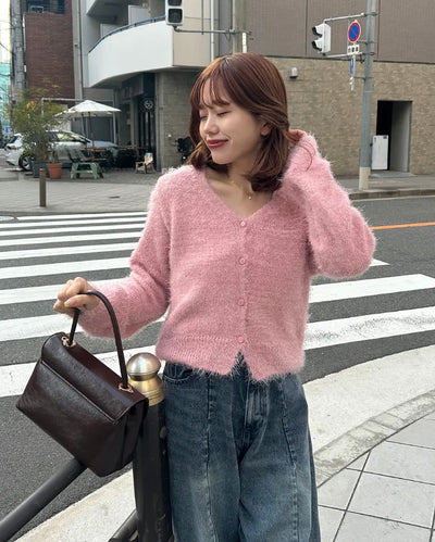 V-neck loose-fit shaggy knit