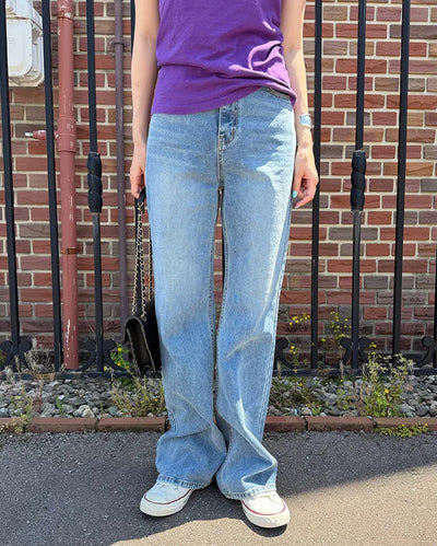 Washed straight denim pants