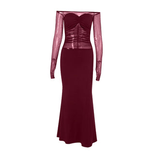 Off shoulder long sleeve mesh patchwork ruched maxi dress