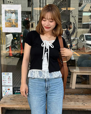 Lace-layered short-sleeved cardigan